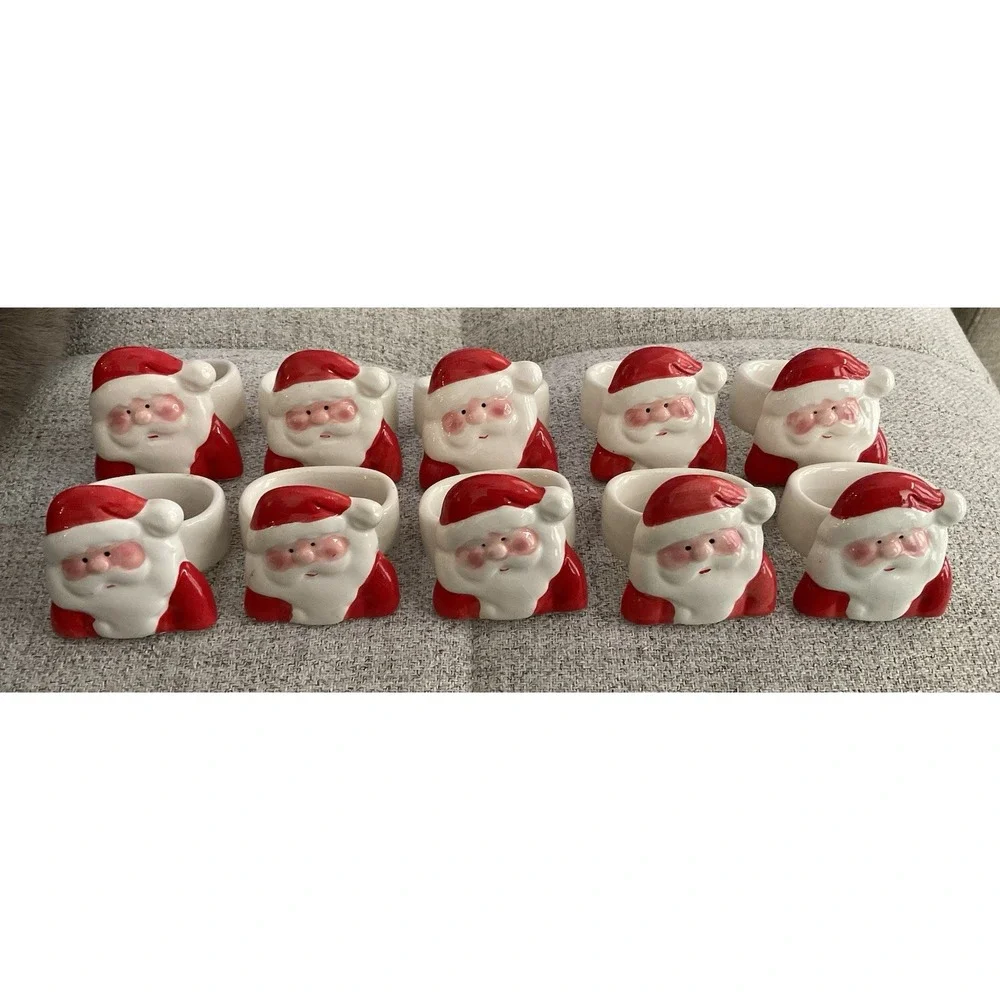 VTG Set 10 Ceramic Santa Napkin Rings Christmas